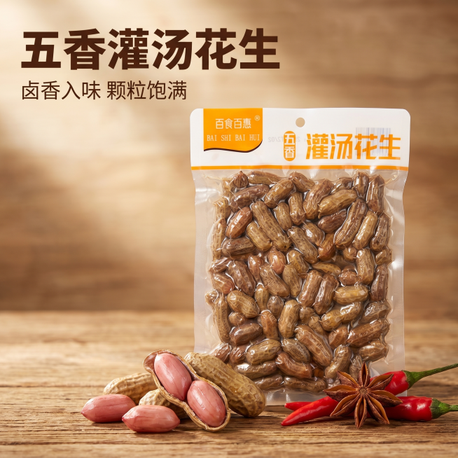[主图 1]五香灌汤花生零食首图，展示产品真空包装与剥开的饱满花生粒。氛围风格：写实美食风，突出新鲜诱人的食欲感。画质：商业摄影质感，光线柔和通透，产品清晰真实，画面干净高级，2k分辨率。元素：百食百预览效果
