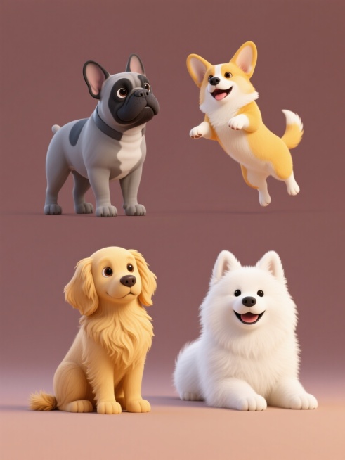 3D风格的系列小狗素材集合，四只完全不同种类的小狗规整排布在纯色背景上，每只小狗造型各异，画面整体色彩变换丰富，第一只是坐姿的金毛寻回犬，毛发呈现温暖的金黄色，眼神温顺；第二只是站立的法国斗牛犬，身体敦实，灰色的短毛搭配黑色的脸部，表情呆萌；第三只是跳跃起来的柯基犬，黄色的毛发，短小的四肢和翘起的尾巴，充满活力；第四只是趴着的萨摩耶犬，白色的蓬松毛发，嘴角上扬，露出微笑的表情，每只小狗都具有清……预览效果