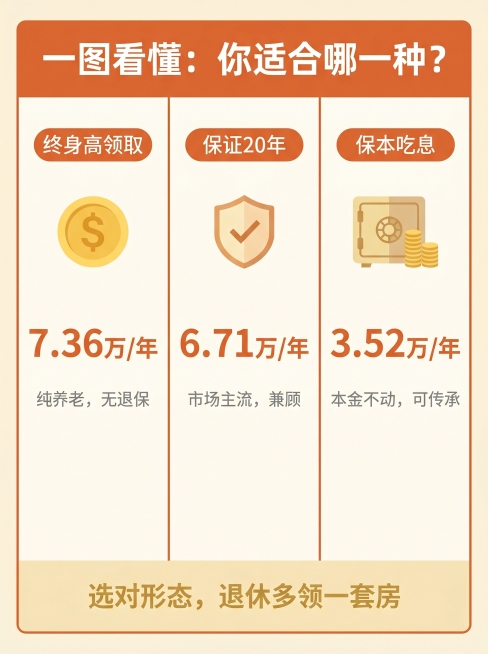 三列对比信息卡片，扁平设计，风格与封面完全一致，浅奶油色背景，暖橙色块分隔，顶部标题"一图看懂：你适合哪一种？"，下方三等分布局，左列标签"终身高领取"配金币图标，加粗年领金额"7.36万/年"，灰色预览效果