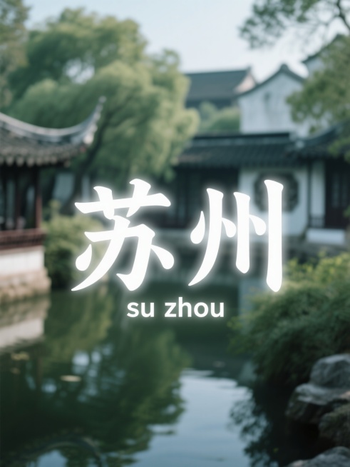 “苏州”二字居中，副标题小字“su zhou”位于主标题之间，背景苏州林园风景，字体悬浮感简约预览效果