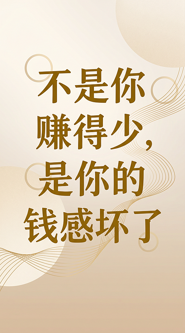元素	色号	使用场景
背景渐变	#F5F0E8 → #E8DCC8	主背景，暖棕米白渐变
主标题色	#8B6914	大标题、核心文案
正文色	#5C4A3D	正文、说明文字
点缀色	#C9A961	线条、图标、强调文字
背景装饰	#D4C4A8	浅金线条、圆形装饰   金句海报一句话做一张
"搞钱先修心，心静了，钱就来了"
"不是你赚得少，是你的钱感坏了"
"存钱不是节制，是给自己底气"