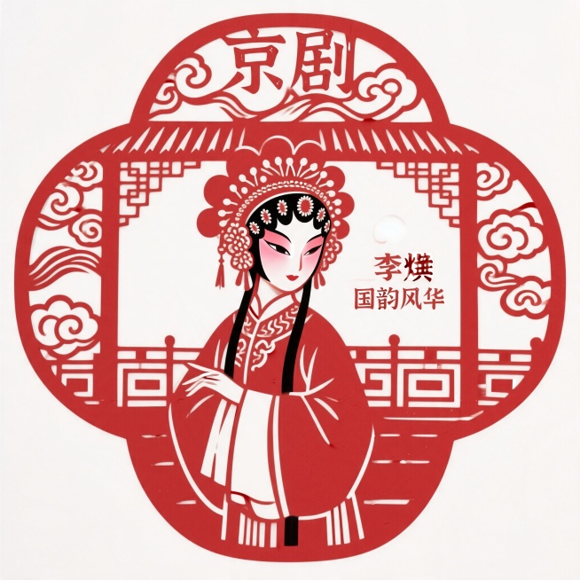 原创非遗中国剪纸风格插画，国风国潮新中式美学，主体是京剧花旦人物，搭配传统祥云纹样，古风戏台场景，版式松弛留白舒适，文字极简，只保留主标题"京剧"和主题 slogan"国韵风华"，色彩统一和谐，和第一预览效果