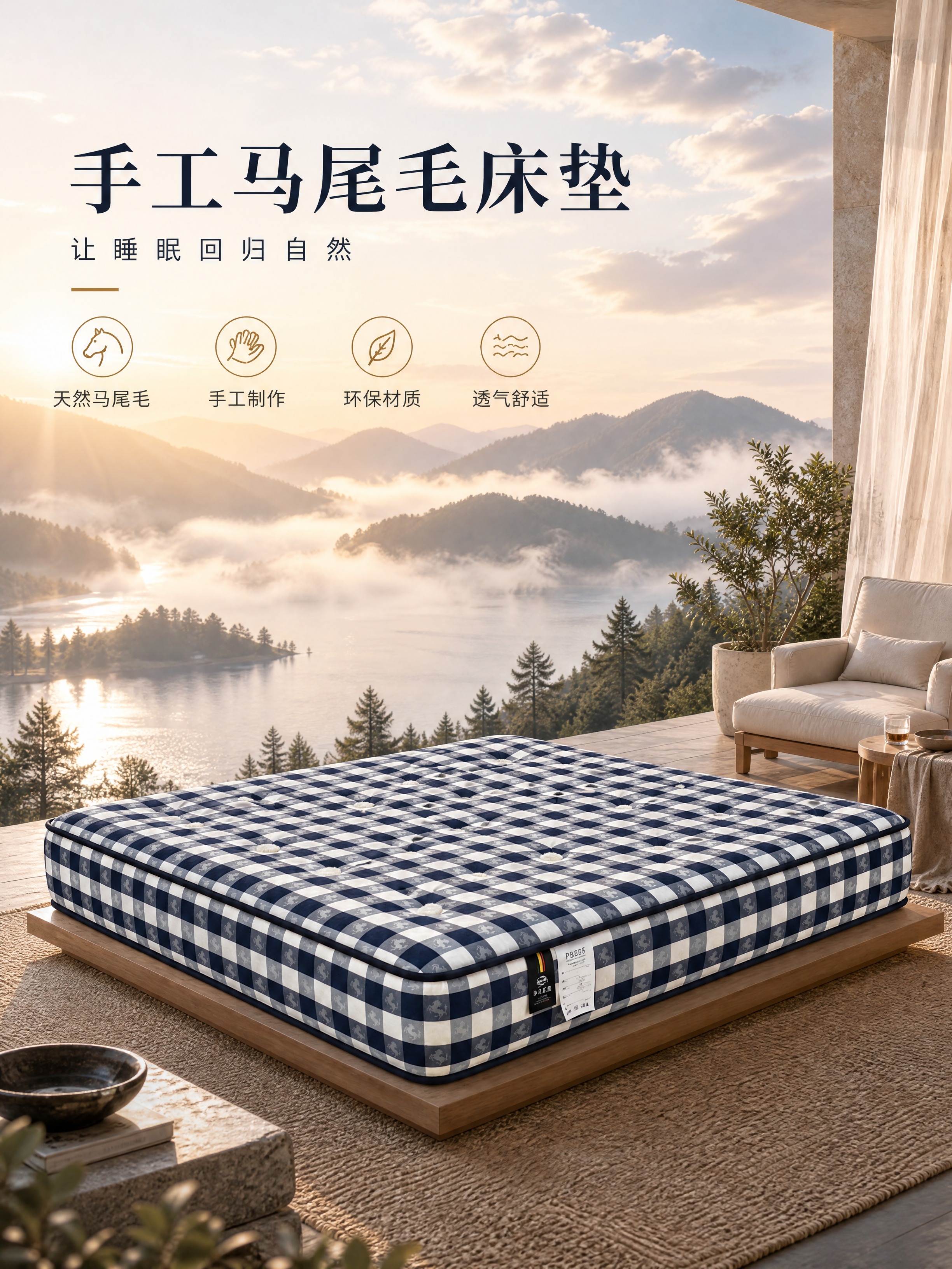 [商品] 使用【图1】蓝白格纹手工马尾毛床垫；保留床垫整体结构… - 图片创意预览