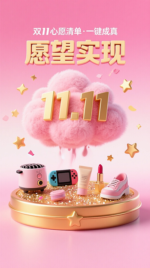 梦幻粉色云朵托举金色“11.11”，微缩3D场景中陈列精致商品，鎏金底座点缀粒子星光，营造甜蜜喜庆的双11愿望实现氛围。
