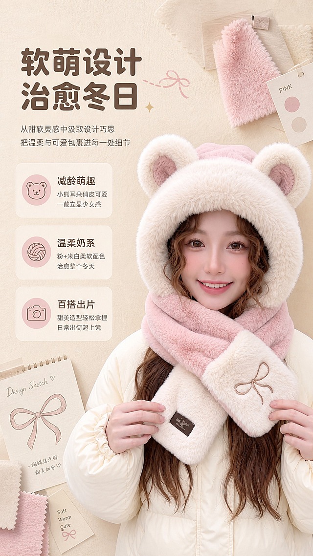 [商品] 使用【图9】粉色拼米白小熊耳朵毛绒三件套；保留小熊耳朵、蝴蝶结刺绣、一体结构、毛绒材质、布标；增强绒面蓬松质感，理顺纹理，不改变版型。
[画面] 设计理念页，目标诠释萌系减龄设计灵感；左文右图构图，右侧模特半身佩戴特写，左侧留白放设计理念；背景为浅米色肌理墙面，点缀散落的毛绒面料小样、色卡与蝴蝶结手绘稿，营造温柔设计工作室氛围。
[视觉] 套系策略：风格=简约暖调冬日奶系商业摄影；标题字=圆润柔和无衬线粗体；正文字=简洁纤细无衬线体；主色=奶杏米白；背景延展=基于奶杏米白做深浅渐变、同色系柔和色块与细腻毛绒/纸张质感；强调色=柔粉色，仅用于小面积图标、引线和标签点缀；标题色=深奶茶棕；正文色=中暖灰；组件=圆角浅底信息卡、细曲线引线、蝴蝶结小图标；光影=左前侧暖柔漫射光。
[文字] 左上主标题"软萌设计 治愈冬日"，下方3个风格关键词配图标"减龄萌趣 / 温柔奶系 / 百搭出片"，每词配一行短句说明，文字横向排版，不遮挡产品主体。
[规格] 图片比例9:16竖版，4K分辨率，避免变形、错字、文字过小、冷蓝背景、颜色改变、版型失真、极限词。