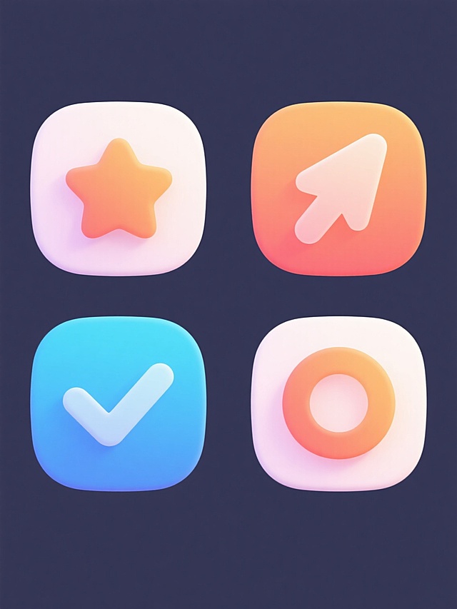 一套四个规整排布的系列图标，每个图标均采用简约现代的卡通风格，具有鲜明的轮廓线、平滑的曲线、简洁的几何形态和轻微的立体效果，每个图标为不同的元素内容（如对勾、星号、箭头、圆圈），每个图标拥有独特的纯色背景和与之协调的图标主体色彩，整体保持统一的设计语言和视觉风格，元素类目保持一致，画面整体色彩变换多样，所有图标整齐排列形成一个集合。