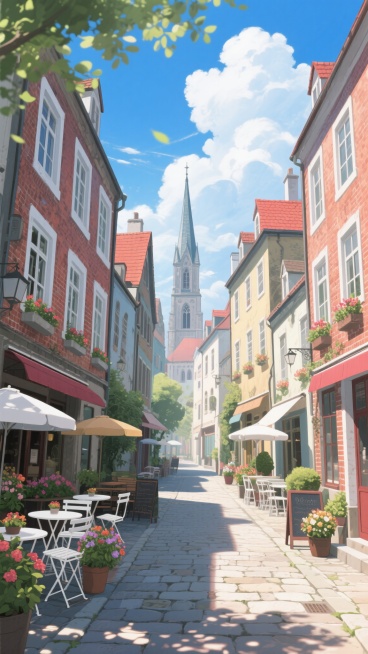 夏日午后的欧洲小镇狭窄街道，两侧是色彩明快的三层砖砌建筑，白色窗框配红色屋顶，沿街摆放着鲜花盆栽和露天咖啡馆的白色桌椅，远处可见尖顶教堂塔楼，天空湛蓝飘着蓬松白云，阳光透过树叶在石板路上投下斑驳光影，画面整体呈现明亮通透的日系动漫风格，线条清晰流畅，色彩饱和度高，光影对比柔和，充满宁静惬意的氛围。预览效果