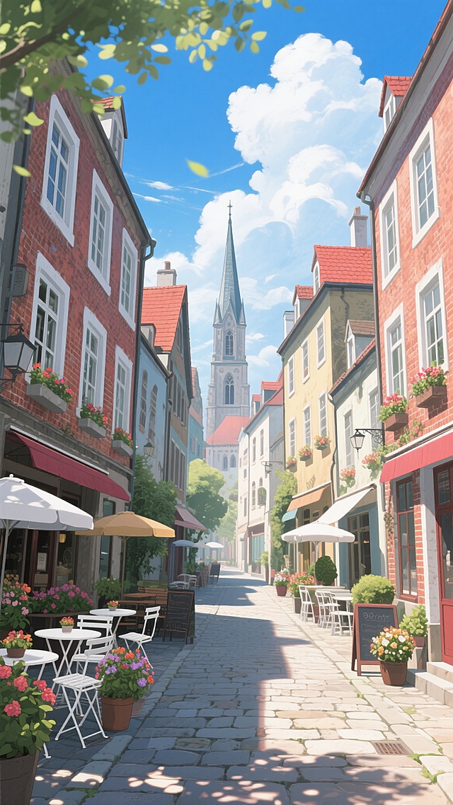 夏日午后的欧洲小镇狭窄街道，两侧是色彩明快的三层砖砌建筑，白色窗框配红色屋顶，沿街摆放着鲜花盆栽和露天咖啡馆的白色桌椅，远处可见尖顶教堂塔楼，天空湛蓝飘着蓬松白云，阳光透过树叶在石板路上投下斑驳光影，画面整体呈现明亮通透的日系动漫风格，线条清晰流畅，色彩饱和度高，光影对比柔和，充满宁静惬意的氛围。