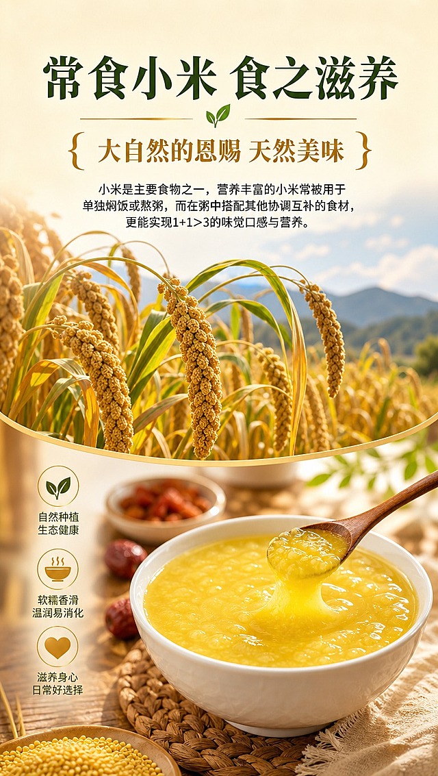 [商品] 使用【图4】小米谷穗田间图+【图3】小米粥图；保留谷穗金黄形态、小米粥金黄色泽；商品处理：增强画面通透度和金黄质感，不改变谷穗和粥的形态颜色。
[画面] 目标：场景种草，展示常食小米的养生滋养生活方式。构图：上文下图三段式，顶部标题区占20%，中部谷穗田间大图占45%，底部小米粥食用场景占35%；整体营造自然养生氛围，前景谷穗/粥碗，中景田野/餐桌，后景蓝天/暖光。
[视觉] 套系策略：风格=高端自然生态商业摄影风；标题字=思源宋体粗体；正文字=思源宋体常规；主色=米黄色+墨绿色+金色；背景延展=米黄色渐变底，上下过渡自然；强调色=金色，仅用于小面积图标、引线、标签和装饰线条；标题色=墨绿色（主标题金色底衬）；正文色=深黑色；组件=金色大括号装饰、细金线分隔、叶片图标；光影=自然暖光，温馨治愈。
[文字] 顶部主标题「常食小米 食之滋养」，金色大括号副标题「大自然的恩赐 天然美味」；中部说明文字：「小米是主要食物之一，营养丰富的小米常被用于单独焖饭或熬粥，而在粥中搭配其他协调互补的食材，更能实现1+1>3的味觉口感与营养。」
[规格] 图片比例9:16竖版，4K分辨率，避免变形、错字、文字过小、色调不统一。