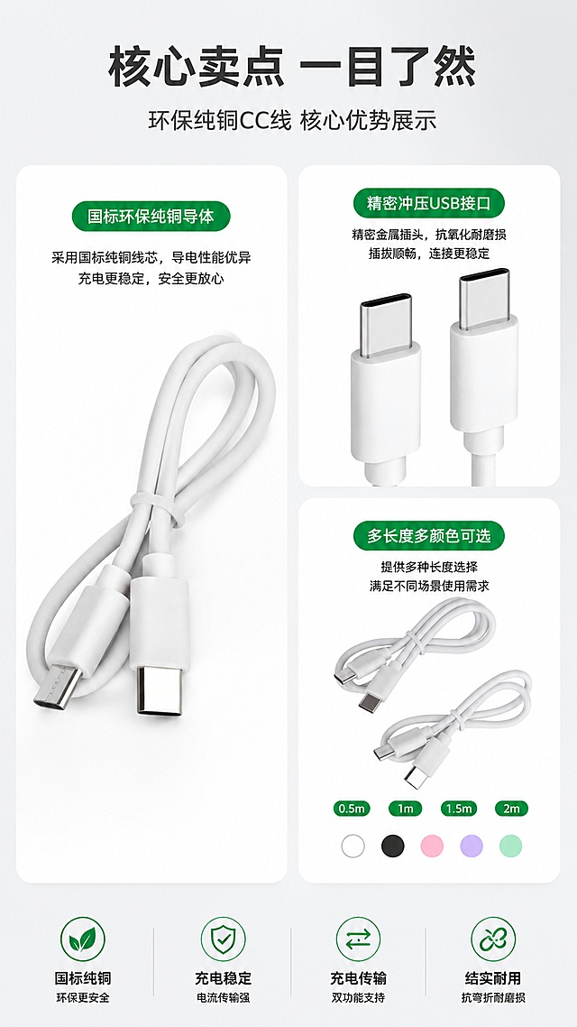 使用商品详情页技能根据商品图「图片1」「图片1」「图片1」「图片1」「图片1」生成详情页，参考图为，商品名称为环保纯铜3芯双头typec数据线C to C充电线CC线type-c转type-c线      产品名称：CC配机线  长度：0.3米/0.5米/1米  颜色：白色/黑色  线径：3.5mm  材质：注塑PVC  铜丝：国标铜2C*18*0.1+7C*0.1  插头：USB2.0  功能：仅充电（三芯）、充电加数据传输（五芯）  重量（三芯）：0.3米（8克）、0.5米（12克）、1米（20克）  重量（五芯）：1米（26克），卖点为环保纯铜3芯双头typec数据线C to C充电线CC线type-c转type-c线      产品名称：CC配机线  长度：0.3米/0.5米/1米  颜色：白色/黑色  线径：3.5mm  材质：注塑PVC  铜丝：国标铜2C*18*0.1+7C*0.1  插头：USB2.0  功能：仅充电（三芯）、充电加数据传输（五芯）  重量（三芯）：0.3米（8克）、0.5米（12克）、1米（20克）  重量（五芯）：1米（26克），适配平台为淘宝/天猫，图片比例为9:16，需求屏数为8张，