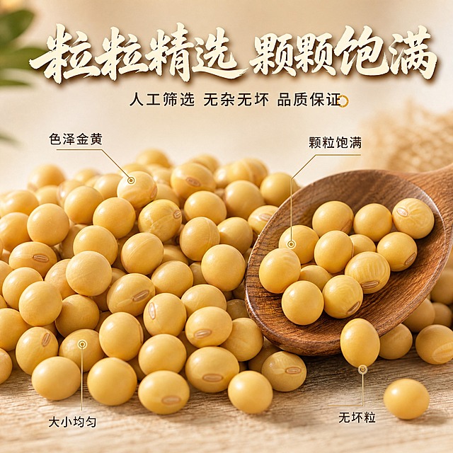 [主图-3] 东北农家黄豆 细节微距 颗粒饱满品质展示。
[统一基调] 淘宝/天猫粮油米面风格，自然质朴暖色调，主标题用粗笔刷书法字米白色带轻微阴影，辅助文案用清爽黑体深棕色，强调色为暖金色，整体干净通透有食欲感，背景融入木质与自然光元素。
[画面] 微距特写镜头，画面中央是一堆饱满的东北黄豆，颗粒大而圆润，色泽金黄均匀，每一颗黄豆表面都有自然的光泽和清晰的种脐纹理。旁边放着一把木质小勺，勺里盛着几颗黄豆，有一颗黄豆正从勺边滚落，形成动态瞬间。背景是虚化的浅米色，突出黄豆主体。用极细的引线从不同黄豆引出，标注"颗粒饱满""色泽金黄""大小均匀""无坏粒"等细节特点，引线末端指向真实的黄豆细节。产品占画面约70%。
[光影质感] 柔和的顶光+侧光组合，黄豆表面呈现通透的金黄质感，颗粒之间有自然的接触阴影，微距摄影质感，细节清晰锐利，真实展现黄豆品质。
[配色] 背景主色浅米白，黄豆主体金黄，标题字色深棕，辅助字色暖棕，强调色暖金，整体干净明亮。
[文字版式] 画面顶部居中，主标题大字"粒粒精选 颗颗饱满"粗笔刷书法字，下方辅助文案"人工筛选 无杂无坏 品质保证"小号黑体。引线标注文字用小号深棕色黑体，清晰指向对应细节。文字不遮挡黄豆主体。
[输出要求] 1:1正方形比例，文字清晰可读，黄豆微距细节清晰真实，整体干净有品质感；负向：变形、错字、模糊、杂乱、水印、平台Logo、黄豆有虫眼发霉、颗粒大小不一。