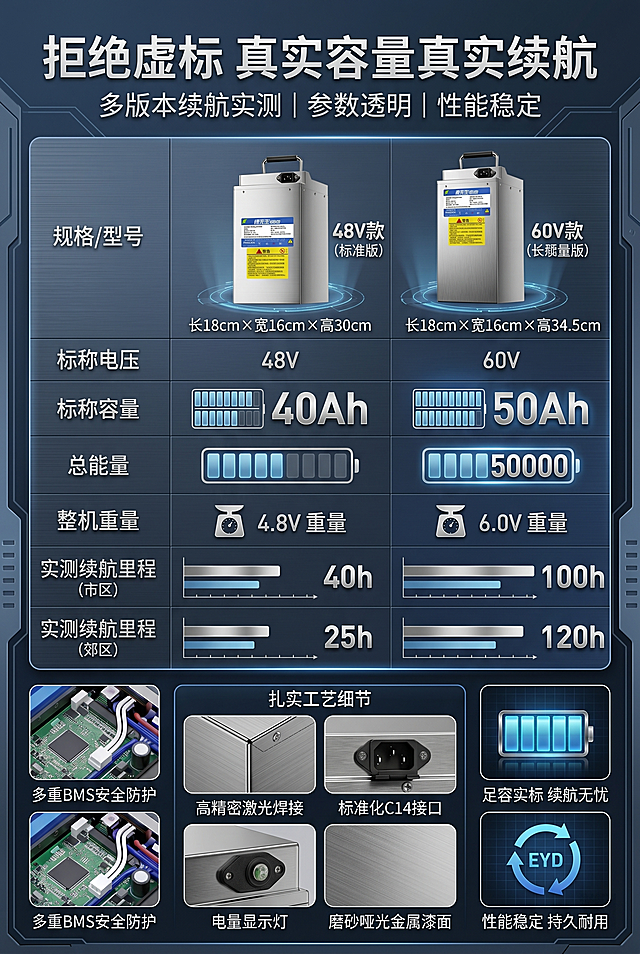 严格还原上传的48V和60V锂电池产品细节，包括包装设计、颜色、LOGO位置、文字内容等所有细节，精准还原尺寸：48V款长18cm×宽16cm×高30cm、60V款长18cm×宽16cm×高34.5cm。整体为科技机能风+金属机械风，蓝灰科技主色调，高级简约高清质感，线条硬朗利落。做足容实标+真实续航性能保障展示，2:3竖屏，数据科技风，高清数据可视化设计，搭配产品实拍，色调高级沉稳。主标题："拒绝虚标 真实容量真实续航"，副标题："多版本续航实测｜参数透明｜性能稳定"。字体采用无衬线极简文字，续航、容量数据加粗放大，做渐变发光文字光影特效，核心数据采用金属渐变质感特效。顶部放置主题文案，中间做数据可视化图表展示各型号续航、容量、重量对比，底部放置性能优势注解。大小层级排版、分栏对比排版，主次分明。数据可视化直观呈现产品真实性能，打破虚标痛点，突出产品高性价比、性能靠谱的核心优势，增强用户信任。