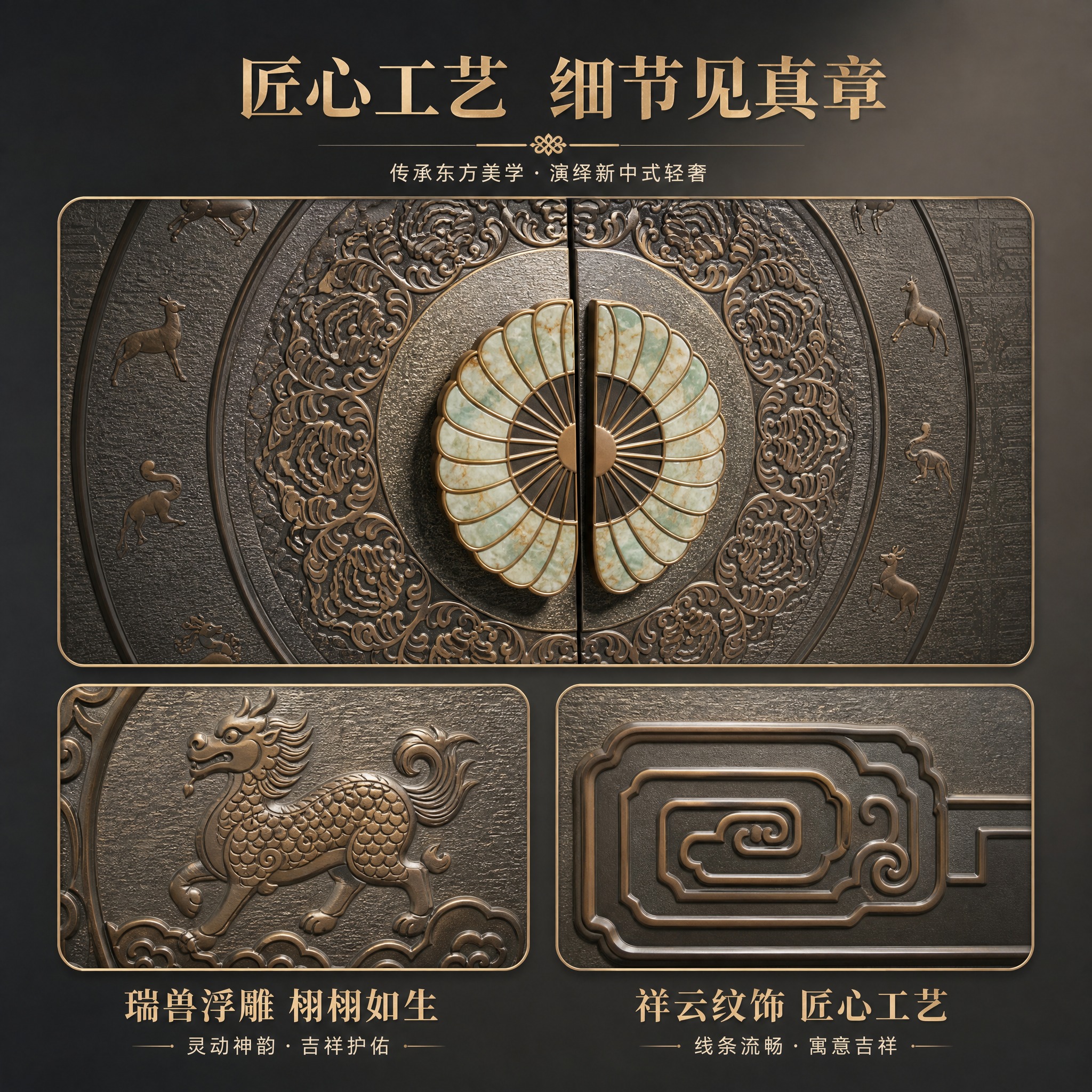 [主图-3] 材质与工艺细节展示，任务是特写展示玉石质感扇形拉… - 图片创意预览