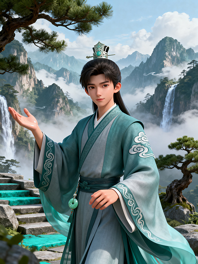 古风3D动漫风格的男性人物，一位英俊的少年男生，古风造型，男生一只手抬起做出拿着东西的姿势，精致建模，古风仙侠场景，高清质感