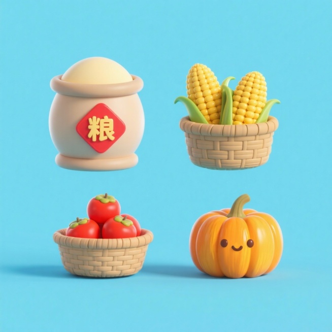 4个中秋素材组合，可爱电商促销感。素材包括：第一个粮仓（贴着带有 “粮” 字的红色菱形福字）；第二个一筐玉米；第三个一筐柿子；第四个南瓜。画面整体呈现鲜艳效果，淡蓝色背景。上下两行，排列整齐预览效果