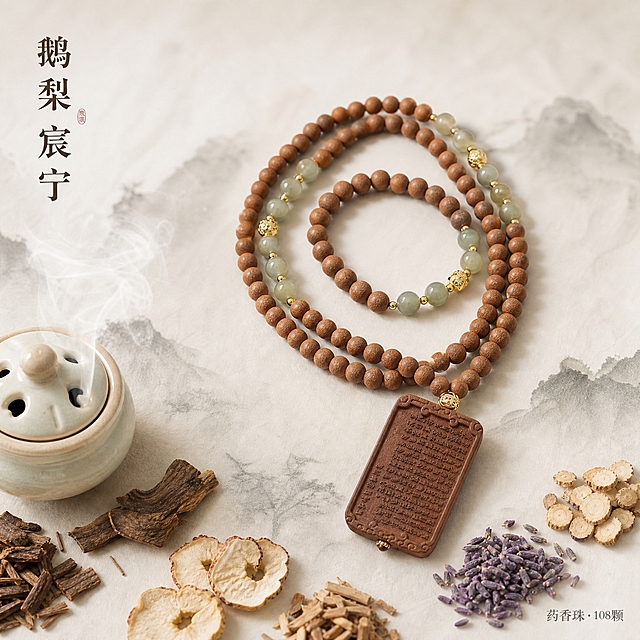 [主图-1] 首图点击率，展示鹅梨宸宁药香珠手串整体造型与中式雅致氛围，突出产品身份与高级质感。
[统一基调] 高级国风 中式素雅氛围感 干净极简白色背景 浅水墨宣纸元素 柔和自然光 浅景深 8K高清 商业静物摄影 细节细腻 柔和阴影 画面留白充足 无多余杂物。
[画面] 画面中央偏上位置完整展示鹅梨宸宁108颗药香珠长款手串，手串自然盘绕成优雅弧度，棕褐色药香珠颗粒饱满质感温润，间隔点缀的淡绿色和田玉配珠通透莹润，金色隔珠精致小巧，下方垂挂的心经无事牌吊坠端正清晰，牌面经文雕刻细腻可见。画面下方平铺摆放多种天然中草药原料（沉香、檀香、梨片、薰衣草等），铺在浅水墨宣纸上面，宣纸纹理自然晕染。左侧有一个米白色陶瓷香薰炉飘出淡淡青烟，青烟轻盈缥缈。主体占比约60%，产品居中构图，四周留白充足。
[光影质感] 柔和自然光从左上方45度角照射，药香珠表面呈现温润哑光质感，和田玉配珠有柔和通透光泽，金色隔珠有细腻金属反光，陶瓷香炉表面有柔和釉面光泽，阴影柔和自然，整体光影层次丰富，浅景深效果突出主体，背景虚化自然。
[配色] 主色调为米白、浅褐、玉青色、暖金色，整体色调温润素雅，符合中式国风审美。
[文字版式] 画面左上角放置品牌名「鹅梨宸宁」，采用书法感宋体，深褐色字体，字号适中。画面右下角放置小字「药香珠·108颗」，采用细宋体，浅灰色。文字均放在留白区域，不遮挡产品主体。
[输出要求] 1:1正方形比例 2048*2048像素 文字清晰可读 产品清晰锐利 材质真实 构图高级 负向：变形 错字 模糊 杂乱 水印 平台Logo 多余杂物 塑料感 过曝