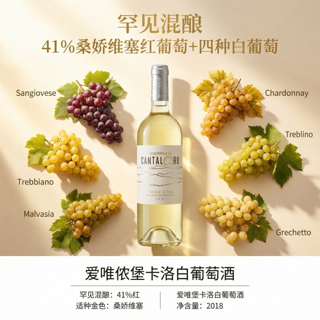 [主图5 品种混酿] 爱唯侬堡卡洛白葡萄酒，保持酒瓶外观和原图一致，酒瓶居中展示，周围围绕五种酿酒葡萄原料展示（桑娇维塞、霞多丽、棠比内罗、马拉维萨、格莱切多），淡金色阳光整体氛围。画面标注核心卖点“预览效果