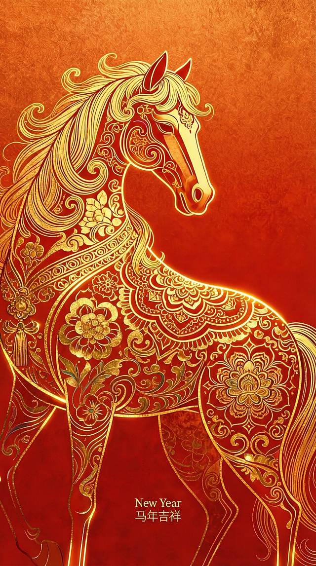 鎏金浮雕风骏马，融合国潮与古典纹样，描边细腻，尽显奢华喜庆，中式民族韵味浓厚，寓意马年吉祥。
