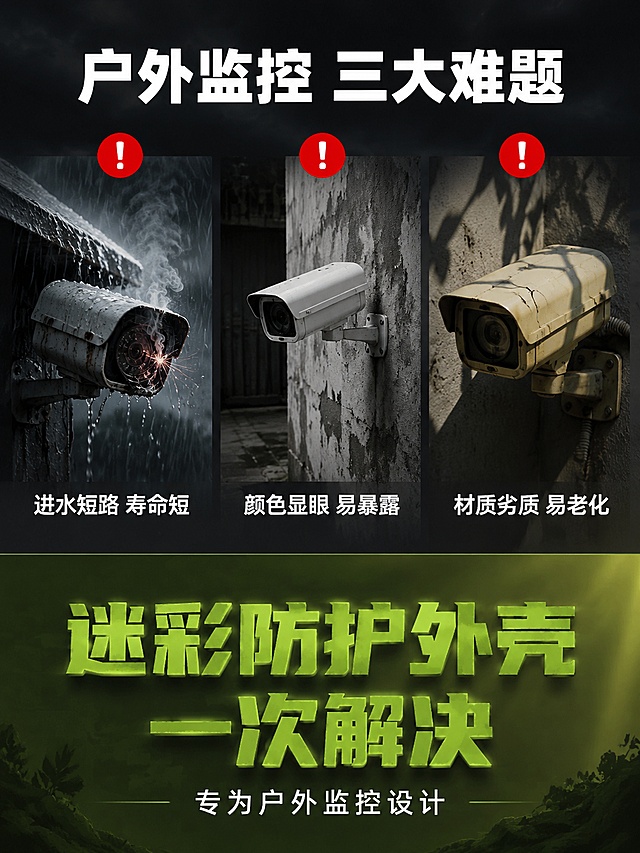 [第2张] 痛点直击-户外监控常见困扰与解决方案。本张无需产品图，纯场景痛点展示。
[氛围/风格] 写实困扰场景，暗色调突出痛点，对比强烈，引发共鸣。
[元素布局] 画面分为上下两部分，上半部分三个痛点场景横向排列：左侧是普通摄像头在雨中进水短路冒烟的场景，中间是白色摄像头在户外墙面显眼突兀容易被发现的场景，右侧是塑料外壳暴晒后开裂发黄的场景。每个场景上方有红色感叹号图标。下半部分为解决方案引导区，背景从暗渐变到亮军绿色。画面元素丰富，每个痛点场景都有真实环境细节：雨天的乌云、墙面的斑驳、阳光下的阴影。
[光影质感] 上半部分整体偏暗，每个痛点场景有局部顶光突出问题；下半部分逐渐变亮，有希望感；光影对比强烈，情绪递进明显。
[配色色系] 全局底色从深灰渐变到深军绿；痛点区暗灰色调；解决区军绿色调；警示色红色（感叹号）；文字白色+深灰色。
[视角构图] 上下分栏构图，上三下二布局；阅读动线从上到下，从痛点到解决方案。
[文字版式] 顶部居中大标题「户外监控 三大难题」，白色粗体大号。三个场景下方各配一行痛点文案：左「进水短路 寿命短」、中「颜色显眼 易暴露」、右「材质劣质 易老化」，白色中号。下半部分居中大字「迷彩防护外壳 一次解决」，亮绿色粗体超大号，下方小字「专为户外监控设计」，白色。文字清晰，移动端可读。
[比例分辨率] 3:4竖版比例，4K分辨率，文字清晰可辨，高清画质。
[负向提示词] 变形，水印，文字错乱，文字过小，产品图模糊，背景杂乱，电商平台Logo。