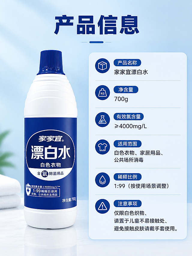 [商品] 使用【图1】家家宜漂白水700g瓶装；保留白色瓶身、深蓝色瓶盖、蓝色标签、家家宜Logo、净含量700g文字及整体瓶型比例；产品标准正面展示，标签文字清晰。
[画面] 目标：规格信息页，产品参数与使用说明。构图：左物右文，产品占左侧约40%，正面直立摆放于白色台面上；右侧为参数信息卡，分模块清晰列出产品信息。背景：浅蓝渐变+白色台面，简洁专业。景别：中景，产品全貌+信息卡。阅读动线：顶部标题→左侧产品→右侧参数卡。
[视觉] 套系策略：风格=洁净专业的日化清洁商业摄影风；标题字=粗黑体醒目大字；正文字=清晰无衬线黑体；主色=深海蓝（取自瓶身标签）；背景延展=基于深海蓝做浅蓝渐变、白色亮面台面、同色系信息卡底色；强调色=亮白色，仅用于小面积图标和标签底；标题色=深海蓝；正文色=深灰；组件=圆角信息卡、分隔线、小图标；光影=正面柔和打光，清晰明亮。
[文字] 顶部主标题「产品信息」；右侧信息卡包含：产品名称：家家宜漂白水；净含量：700g；有效氯含量：≥4000mg/L；适用范围：白色衣物、家居用品、公共场所消毒；稀释比例：1:99（按使用场景调整）；注意事项：仅限白色织物、请置于儿童不易接触处、避免接触皮肤请戴手套使用。文字排版清晰，手机端可读。
[规格] 图片比例3:4竖版，分辨率4K，负向提示：避免变形、错字、文字过小、瓶身颜色改变、标签文字错乱、虚假参数、极限词。