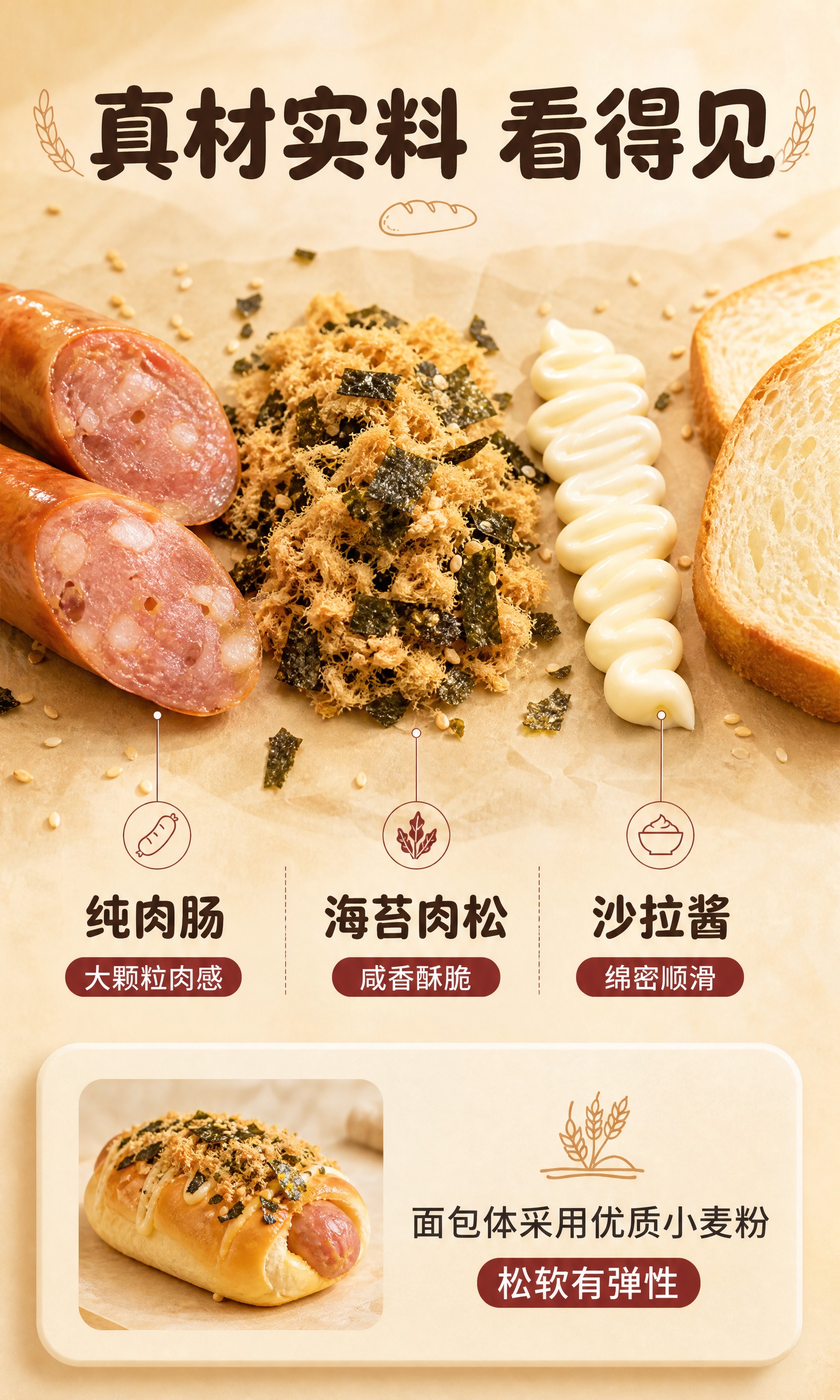 [商品] 核心原料展示页，以纯肉肠、海苔肉松、沙拉酱、松软面包… - 图片创意预览