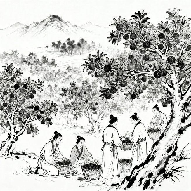 中国风水墨白描线稿，一片杨梅树，远处是淡淡的一丛丛山峦，近处有几位古人打扮的人正在采摘杨梅，仅用黑白线条表现，白描风格，简洁有意境预览效果