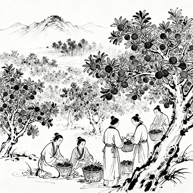 中国风水墨白描线稿，一片杨梅树，远处是淡淡的一丛丛山峦，近处有几位古人打扮的人正在采摘杨梅，仅用黑白线条表现，白描风格，简洁有意境