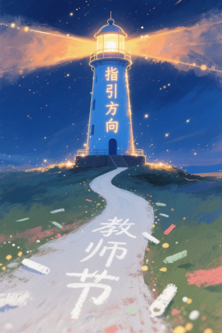 深蓝色夜空背景，中央偏上矗立蓝色灯塔，顶部发出暖黄橙黄光芒向两侧延伸，灯塔上部有“指引方向”四个稳重发光大字。灯塔下方，白色粉笔小路从画面底部中央蜿蜒向上通向灯塔基座，小路中融入“教师节”粉笔手写体，预览效果