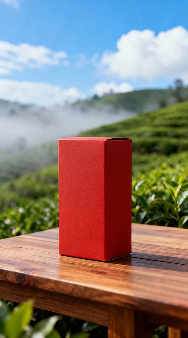 红盒静置木桌，茶山雾霭环绕，双色设计融合自然风与轻拟物感，简约中透出质朴与清新，实景感十足，尽显柔和舒适之境。
