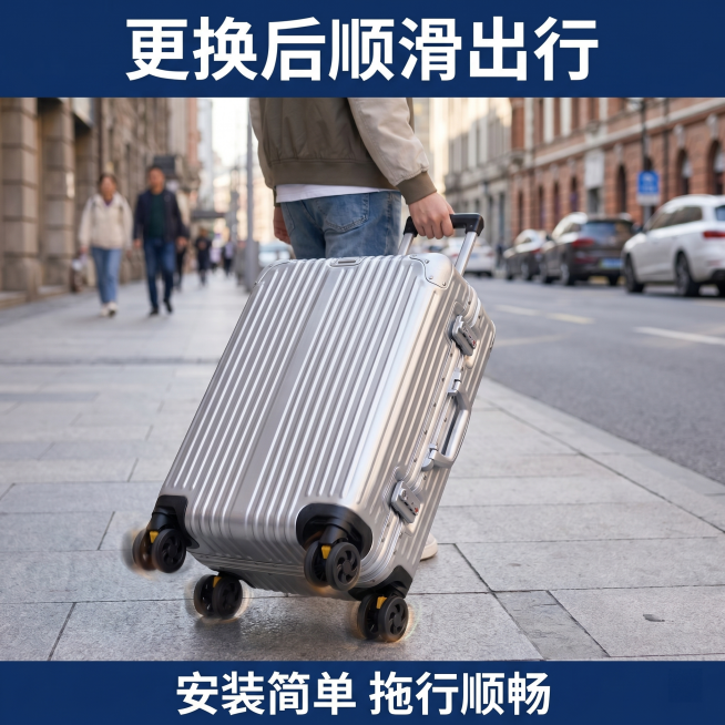 [主图 3] 安装效果展示主图。
[氛围风格] 真实场景化展示，动感出行氛围。
[画质] 商业摄影质感，产品清晰真实，画面干净高级，超高清。
[元素] 展示拉杆箱在城市道路行走，侧面拖行动态效果，重点预览效果