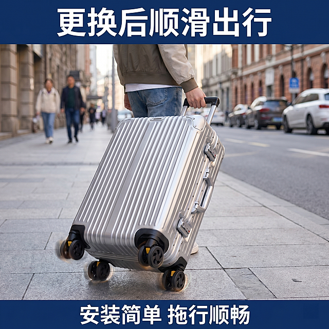 [主图 3] 安装效果展示主图。
[氛围风格] 真实场景化展示，动感出行氛围。
[画质] 商业摄影质感，产品清晰真实，画面干净高级，超高清。
[元素] 展示拉杆箱在城市道路行走，侧面拖行动态效果，重点突出更换轮子后的顺滑行进状态。轮子为本次更换的万向轮，保持产品外观细节一致，轮子滚动带轻微动感模糊体现顺滑。人物为年轻出行者，穿休闲服装，手拉杆只露部分身体，不抢产品焦点。场景为城市道路背景虚化。主体产品（箱体和轮子）占比约65%。
[光影] 自然光户外光影，明亮通透，动态感强。
[配色] 保持原有产品黑银配色，背景城市灰调，文字深底白字清晰。
[视角构图] 低机位仰拍，突出轮子和拉杆箱，动感构图。
[文字版式] 顶部主标题："更换后顺滑出行"大字号粗体，底部副标题："安装简单 拖行顺畅"中等字号；文字放在顶部和底部留白区域，不遮挡轮子和箱体主体。
[比例分辨率] 1:1 比例，2k 分辨率，文字清晰可辨，超高清。
[负向提示词] 变形，水印，文字错乱，产品图模糊，背景杂乱，配色刺眼，遮挡主体。