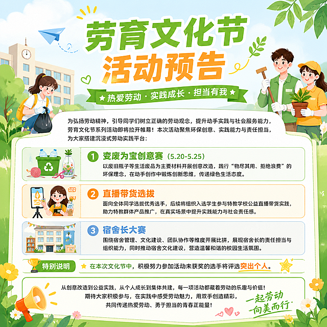 制作校园劳育文化节活动预告海报，美化排版并添加文案内容：
标题："劳育文化节活动预告"
正文：
为弘扬劳动精神，引导同学们树立正确的劳动观念，提升动手实践与社会服务能力，劳育文化节系列活动即将拉开帷幕！本次活动聚焦环保创意、实践能力与责任担当，为大家搭建沉浸式劳动实践平台：
1. 变废为宝创意赛（5.20-5.25）：以废旧瓶子等生活废品为主要材料开展创意改造，践行“物尽其用、拒绝浪费”的环保理念，在动手创作中锻炼创新思维，传递绿色生活态度。
2. 直播带货选拔：面向全体同学选拔优秀选手，后续将组织入选学生参与特教学校公益直播带货实践，助力特教群体产品推广，在真实场景中提升实践能力与社会责任感。
3. 宿舍长大赛：围绕宿舍管理、文化建设、团队协作等维度开展比拼，展现宿舍长的责任担当与组织能力，同时推动宿舍文化建设，营造温馨和谐的校园生活氛围。
补充说明：在本次文化节中，积极努力参加活动未获奖的选手将评选突出个人。
结尾：
从创意改造到公益实践，从个人成长到集体共建，每一项活动都藏着劳动的乐趣与价值！期待大家积极参与，在实践中感受劳动魅力，用双手创造精彩，共同传递热爱劳动、勇于担当的青春正能量！
整体风格：校园青春活力文化活动海报，排版清晰美观，配色清新舒适