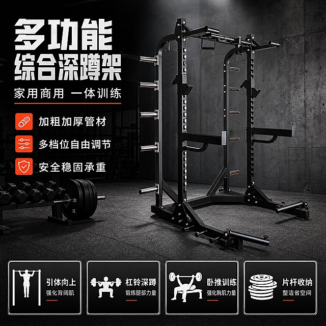 [主图-1] 多功能深蹲架首图，突出专业器械感与综合训练实力，吸引健身爱好者点击。
[统一基调] 整体风格为硬朗工业风专业器械海报，背景主色为深灰渐变搭配金属质感台面，标题字色为亮白色，辅助字色为银灰色，强调色为橙红色，字体为粗黑无衬线体，字号层级分明，卡片为深灰底银边直角样式，整体高信息密度满版排布。
[画面] 产品为黑色多功能深蹲架（龙门架综合训练器），保持原图外观结构、颜色、材质、比例完全一致，主体位于画面中央偏右，微仰视角度，占画面约65%。背景为专业健身房场景，深灰色工业风墙面，地面为灰色橡胶地垫，左侧放置少量哑铃和杠铃片作为环境点缀，不抢主体。顶部左侧为超大主标题，下方叠3个核心卖点短句，底部通栏放置4个参数图标区。产品自然落地，底部有真实接触阴影，无悬浮感。
[光影质感] 商业摄影质感，主光从左上方打来，金属管材边缘有清晰高光，黑色哑光漆面质感真实，阴影层次丰富，整体光线明亮硬朗，体现器械的厚重稳固感。
[配色] 主背景深灰渐变，产品黑色为主，金属银色点缀，标题白色，强调色橙红色，整体冷色调工业风，橙红色作为视觉焦点提亮。
[文字版式] 左上角主标题"多功能综合深蹲架"超大粗白字，副标题"家用商用 一体训练"稍小白字，下方3个卖点短句："加粗加厚管材"、"多档位自由调节"、"安全稳固承重"，每个卖点前加橙红色小方块图标。底部通栏4个参数块："引体向上"、"杠铃深蹲"、"卧推训练"、"片杆收纳"，均为深灰底白字银边卡片。文字全部放在负空间，不遮挡产品主体结构。
[输出要求] 1:1正方形，2048x2048，文字清晰锐利，产品结构清晰完整，无变形、错字、模糊、杂乱、水印、平台Logo。禁止出现人物面部畸形、手指异常、产品穿模、结构虚构。