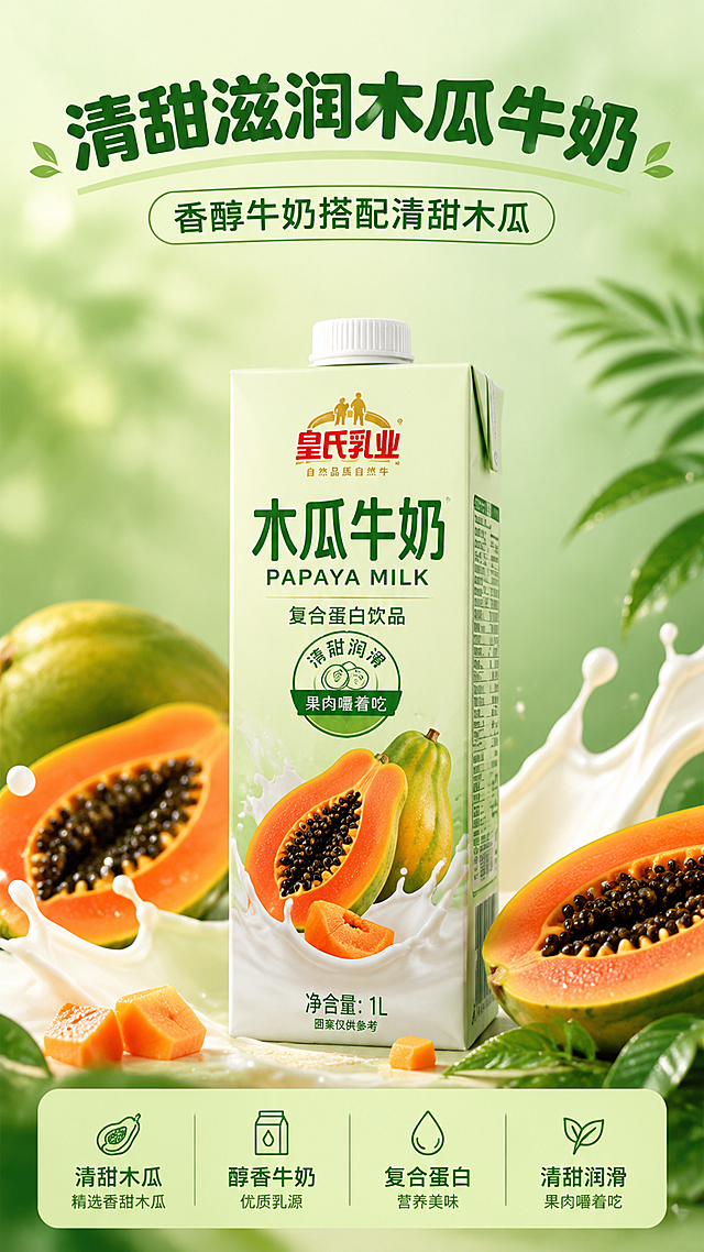 [第1屏] 拼多多详情页头图-皇氏乳业木瓜牛奶产品宣传。本屏使用【图1】作为商品主体。
[氛围/风格] 清新自然，绿色氛围感，商业摄影质感，突出食材新鲜。
[元素布局] 商品主体放置在画面中央，占比约70%；前景搭配切开的新鲜木瓜，牛奶奶浪作为装饰；产品包装结构、文字信息、颜色与输入产品图一致。
[光影质感] 正面柔光，整体明亮通透，木瓜果肉纹理清晰，产品包装文字锐利清晰，自然投影让层次更丰富。
[配色色系] 全局底色为清新浅绿色 #F0F8F0，主色绿色搭配木瓜橙黄色，辅助色为奶白色，符合用户指定绿色系要求。
[视角构图] 正面视角，产品为视觉中心，阅读动线从上至下。
[文字版式] 顶部主标题，下方产品，底部信息条。主标题「清甜滋润木瓜牛奶」，副标题「香醇牛奶搭配清甜木瓜」，圆角加粗黑体，字色为深绿色，信息不遮挡主体，文字清晰可辨。
[比例分辨率] 宽度1080，高度1920，4K分辨率，高清画质。
[负向提示词] 产品变形，包装文字错乱，颜色偏差，文字过小，水印，缺件错件，背景杂乱