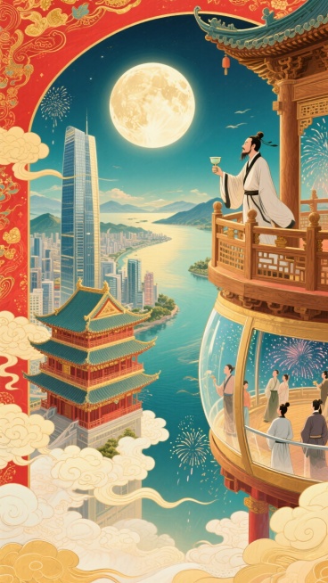 一侧，古代木质观景台，古代文人聚此，举着酒樽、凭栏望圆月、山河；另一侧，现代摩天楼高空观景舱，现代游客透过全景玻璃，赏烟花，背景古楼阁与城市高楼相融合,有珠海城市的地标建筑，明月照。整体画面充斥着华丽预览效果
