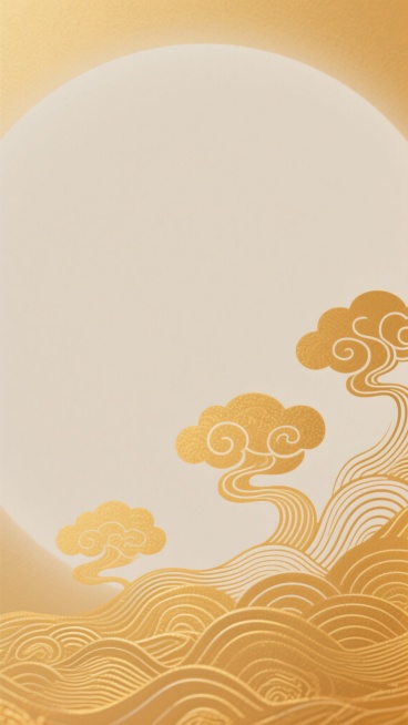一幅具有浓厚中秋氛围的暖色调中国传统纹样设计图，以金色为主色调，描绘了流畅飘逸的云纹和波浪纹图案，纹样线条细腻优美，呈现在画面右下角区域，整体画面保留了大面积的留白，给人以简洁、雅致且富有节日气息的视觉感受，传统纹样设计风格，金色暖色调，云纹波浪纹，大面积留白，中秋氛围，线条细腻流畅，简洁雅致。预览效果