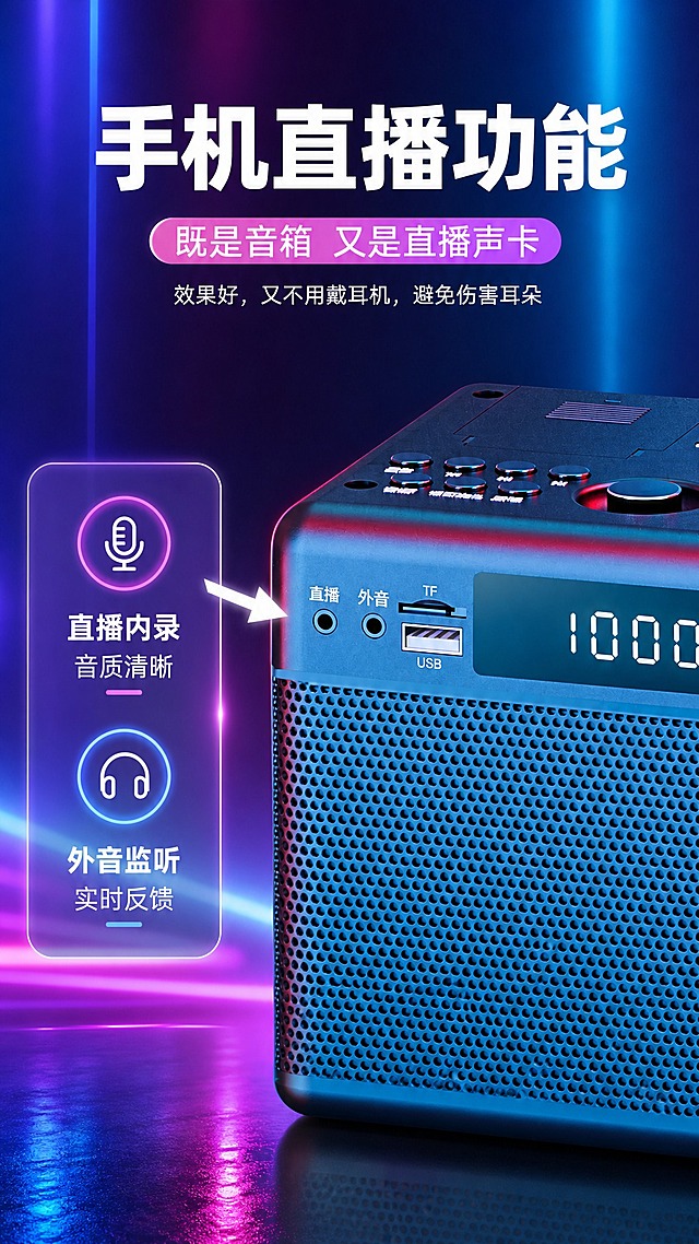 [商品] 使用【图3】音箱正面接口特写图；保留直播/外音/TF/USB接口布局、数字显示屏、网面纹理、产品颜色，不改变产品原貌。
[画面] 目标：展示手机直播声卡功能。产品接口区域居中偏右占画面50%，白色箭头指向直播接口，左侧为文字功能说明区。背景为粉紫蓝渐变光效，突出直播氛围。
[视觉] 套系策略：风格=3C数码科技商业渲染风；标题字=粗黑无衬线字体；正文字=简洁无衬线体；主色=深蓝紫；背景延展=深蓝紫渐变+霓虹红蓝光效+深色反光地面；强调色=霓虹粉紫；标题色=白色；正文色=浅灰蓝；组件=圆角半透明信息卡、细线引线、发光标签；光影=侧前冷光+红蓝轮廓光。
[文字] 顶部主标题"手机直播功能"，粉紫色标签"既是音箱 又是直播声卡"，下方说明："效果好，又不用戴耳机，避免伤害耳朵"。配2个功能点："直播内录 音质清晰""外音监听 实时反馈"。
[规格] 图片比例9:16竖版，4K，负向提示：避免接口位置错误、产品变形、颜色偏差、文字错字、白底。