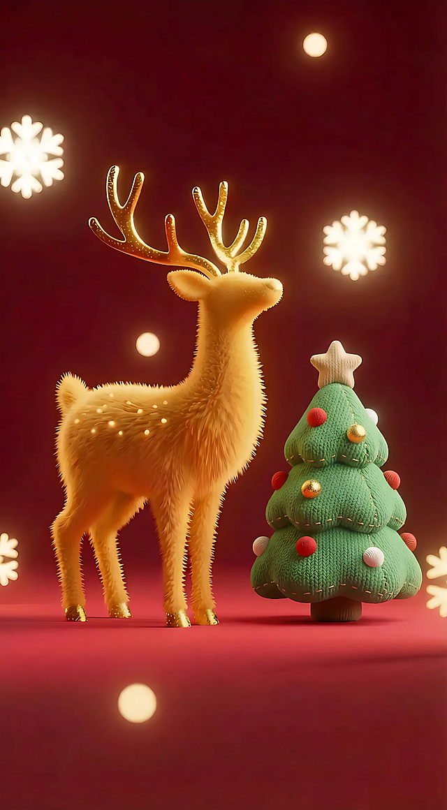软3D风毛发生长鹿与刺绣风圣诞树，暖光雪瓣点缀，梦幻温馨的节日场景。