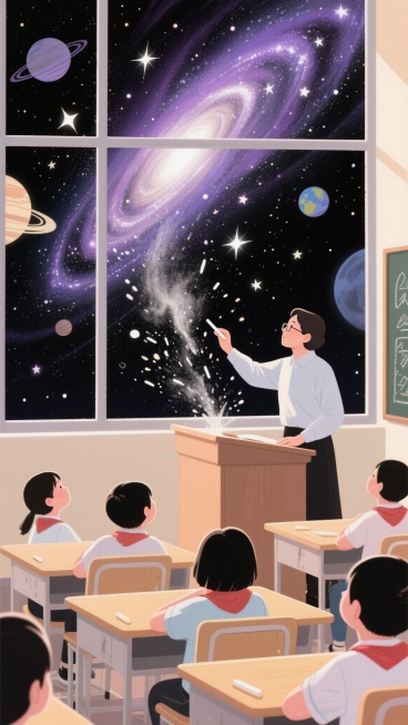 老师在讲台上挥动粉笔，飞溅的粉笔灰化为星河，学生仰望星空。星空中流动的星云和星星，远处有行星和宇宙元素，插画风格的星空渐变色，星系盘旋在天空。教室的窗外是一个广阔的夜空，教室的内饰温暖简洁，桌椅略显柔预览效果