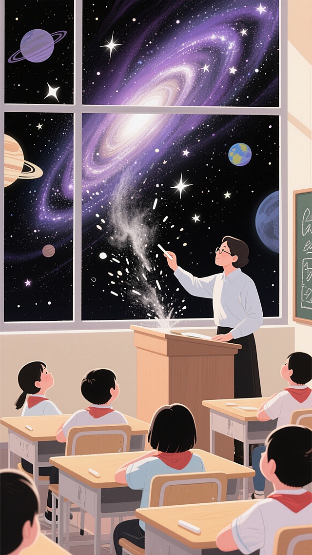 教室的窗，化作通往宇宙的门。老师手持粉笔，似在星河间挥洒，银河如瀑倾泻，行星闪烁成知识的星子。孩子们仰着小脸，目光追着星光，在这堂课里，课本的边界被打破，宇宙的奥秘成了触手可及的知识，老师就是那引路人，带他们从教室小天地，驶向浩瀚星空的无垠梦想。