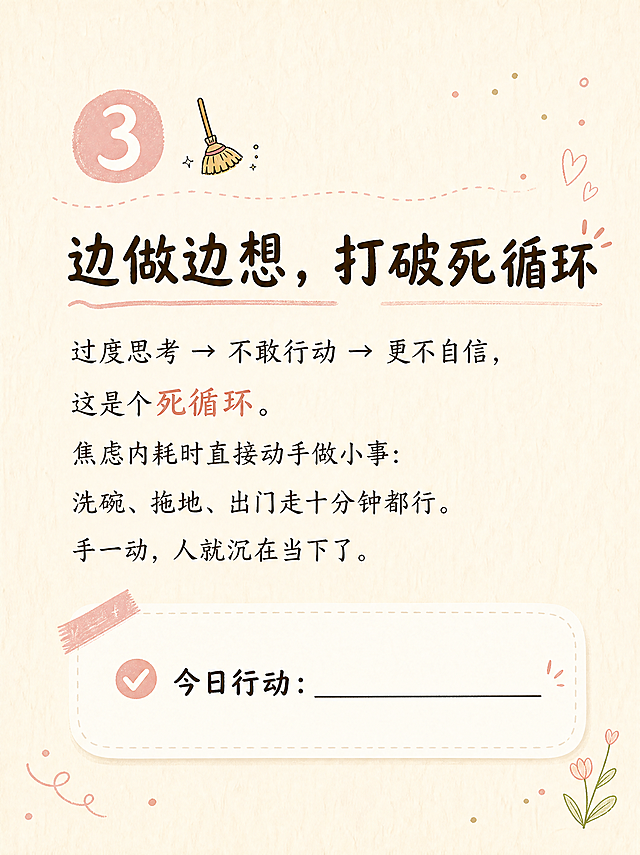 小红书笔记内页，手账拼贴风，ins清新温柔感，版式精美，小红书笔记质感。奶杏色#FDF6EE背景带纸张肌理，留白较多更轻盈。顶部左侧大号玫瑰粉色#E8C4C0编号「❸」。编号旁加一个小图标🧹。深棕色#3D2C1E加粗标题：「边做边想，打破死循环」。正文区：深棕色正文文字，内容三行：「过度思考 → 不敢行动 → 更不自信，这是个死循环。焦虑内耗时直接动手做小事：洗碗、拖地、出门走十分钟都行。手一动，人就沉在当下了。」。关键词「死循环」用玫瑰粉色#E8C4C0特殊颜色突出。正文底部一个米白色#FFF9F2「今日行动」小框，内有文字「✅ 今日行动：_________」，留一条横线增加互动感。装饰：手绘细线、圆点点缀。整体风格：轻盈清爽，手写笔记感，奶杏色+深棕+玫瑰粉配色。画质：高清细腻，信息层级清晰，文字完整处于安全区内不可裁切，四周留安全边距。画面比例3:4竖版。
