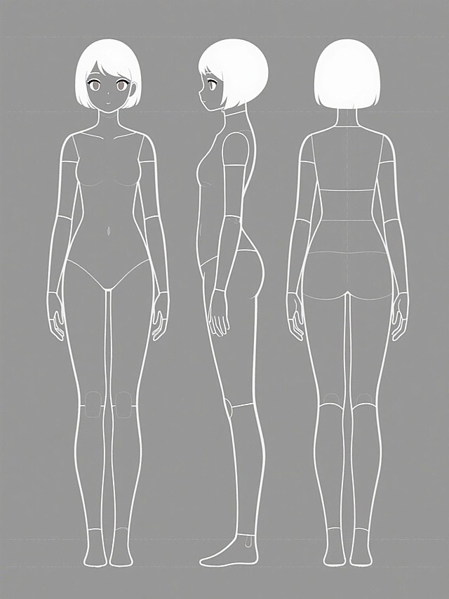 灰色纯色背景，日系二次元风格人物三视图设计图，包含正面、背面和侧面三个视角，人物为简化的女性人体模型，头部呈圆形，面部有简单的五官轮廓，眼睛为杏仁状，身体线条流畅，四肢修长，关节处有轻微的线条标记，整体造型简洁，采用白色线条勾勒，无任何细节纹理和装饰，无文字和logo