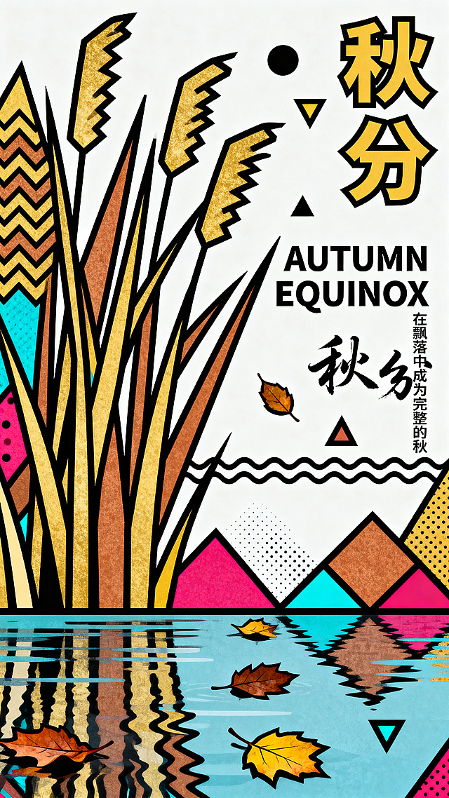 孟菲斯风格秋分节气商业海报，活泼动态不对称构图。几何化重构元素：锯齿形波浪形三角形组成几何芦苇丛，水平波浪线菱形色块拼接几何水面，不规则多边形圆点小三角形表现几何落叶。画面包含：倾斜错位穿插排布的粗体无衬线中文"秋分"，英文"AUTUMN EQUINOX"，飘逸书法字体"秋分"，文艺文案"在飘落中成为完整的秋"，水面倒影，飘零落叶，极简留白。配色为高饱和度撞色：金黄、赭石、湖蓝、玫红、墨黑，所有元素添加粗黑轮廓描边，扁平化无渐变，干净纯色背景。整体是80年代复古孟菲斯美学，强烈视觉对比，充满活力与潮流感，8K高清，细节精致，商业海报质感，朦胧意境