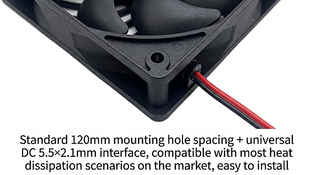 Amazon A+ advantage detail third module, 970px wide, minimalist industrial style. Close-up photo of the mounting hole and DC interface of the reference cooling fan, product appearance 100% matches. Below the image add British English text: "Standard 120mm mounting hole spacing + universal DC 5.5×2.1mm interface, compatible with most heat dissipation scenarios on the market, easy to install", clean layout, 2K high definition