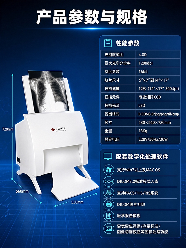 [商品] 使用【图1】BLM-S8型医用胶片扫描仪；保留白色机身、顶部进片口、底部出片口、正面Logo、整体结构比例；修复产品表面质感，增强光洁度，不改变产品结构。
[画面] 目标为产品参数与规格信息收口，辅助采购决策。左右分栏构图，左侧为产品侧视全貌图（占画面约45%），右侧为参数表格与软件功能说明。产品位于左侧居中，有尺寸引线标注长宽高。右侧上方为性能参数表，下方为配套软件功能要点。阅读动线从产品→参数表→软件功能。前层为产品与引线，中层为参数表格和功能列表，后层为深蓝渐变科技背景。
[视觉] 套系策略：风格=专业医疗科技商业摄影风；标题字=现代无衬线粗黑体；正文字=简洁无衬线体；主色=深海蓝；背景延展=基于深海蓝做深浅渐变、同色层级和细腻科技网格质感；强调色=医疗青蓝色，仅用于小面积图标、引线、标签和局部光效；标题色=纯白色；正文色=浅灰蓝色；组件=圆角深蓝信息卡、细线引线、表格线、医疗图标；光影=左前侧冷调柔光，产品边缘有轮廓光。
[文字] 顶部主标题「产品参数与规格」。参数表包含：光密度范围4.0D、最大光学分辨率1200dpi、灰度参数16bit、胶片尺寸5″×7″到14″×17″、扫描速度12秒（14″×17″ 300dpi）、扫描元件专业矩阵CCD、扫描光源LED、输出格式DICOM3.0/jpg/png/tif/bmp、尺寸530×560×720mm、重量13Kg、额定电压220V/50Hz/20W。下方软件功能区标题「配套数字化处理软件」，列出：支持Win7以上及MAC OS、DICOM3.0标准格式入库、支持PACS/HIS/RIS系统、DICOM胶片打印、医学报告模板、窗宽窗位调整/测量标注/图像切割校正等图像处理功能。文字均为横排，表格清晰易读。
[规格] 图片比例3:4竖版，4K分辨率，避免变形、错字、文字过小、产品颜色改变、结构失真、极限词、虚假宣传。