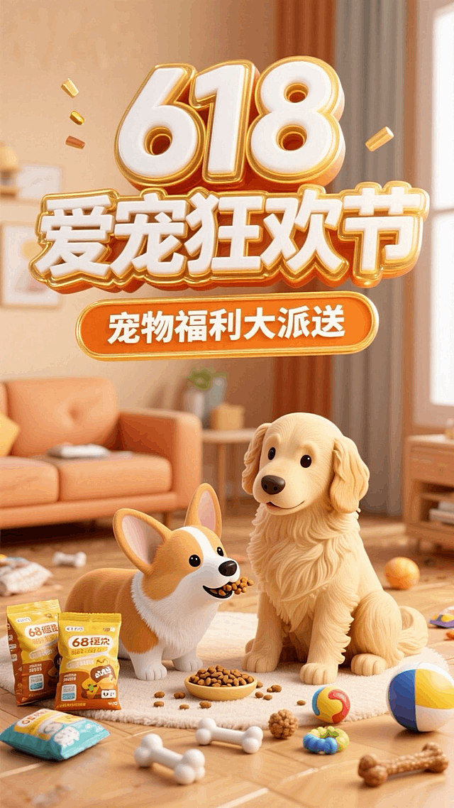 3D卡通风格。顶部（立体鎏金边的白色字标题“618爱宠狂欢节”，标题下面的橙色副标题框内写着“宠物福利大派送”）。主体是一只在吃狗粮的柯基和一只端坐着的金毛。背景是暖色调的客厅，客厅地上有杂乱放置的狗粮、磨牙棒，玩具球等宠物用品。色彩鲜艳，突出大促狂欢氛围