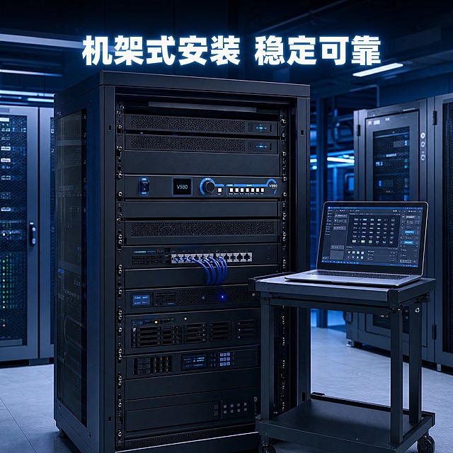 [主图-4 控制室场景] 主题：诺瓦V980在专业机房机柜中的安装使用场景。
[统一基调] 淡蓝色科技风，真实场景融合科技感，主色淡蓝与深蓝，辅助色白色与冷灰；字体为现代无衬线粗体，标题白色带淡蓝发光。
[画面] 真实专业机房场景，画面中央是一个标准19英寸服务器机柜，机柜中安装着多台专业设备，诺瓦V980视频处理器安装在机柜中间位置（1U机架式），正面的蓝色指示灯与显示屏清晰可见，设备运行状态正常；机柜有玻璃门或开放式机架，内部布线整齐；机柜旁边有一个移动工作台，上面放着笔记本电脑，屏幕显示着LED大屏控制软件界面；背景是整洁的机房环境，有其他机柜和网络设备，整体以冷色调蓝白光为主，科技感十足；产品在机柜中清晰可见，安装位置合理，有自然的接触与固定关系，不悬浮；画面中不出现任何人像。
[光影质感] 真实场景摄影质感，环境光为机房冷白光，设备指示灯有微弱发光，产品有自然的环境反光与机柜接触阴影；整体氛围专业、高端、整洁。
[配色] 以场景的深蓝、黑色、冷灰为主，设备指示灯的淡蓝、白色为点缀，整体冷色调科技感。
[文字版式] 画面顶部有主标题"机架式安装 稳定可靠"，白色粗体大字带淡蓝外发光，居中放置；文字不遮挡产品主体与核心场景。
[输出要求] 1:1正方形，800×800；场景真实自然，产品安装合理，光影融合自然；禁止产品悬浮、穿模、水印、错字、人物出现。