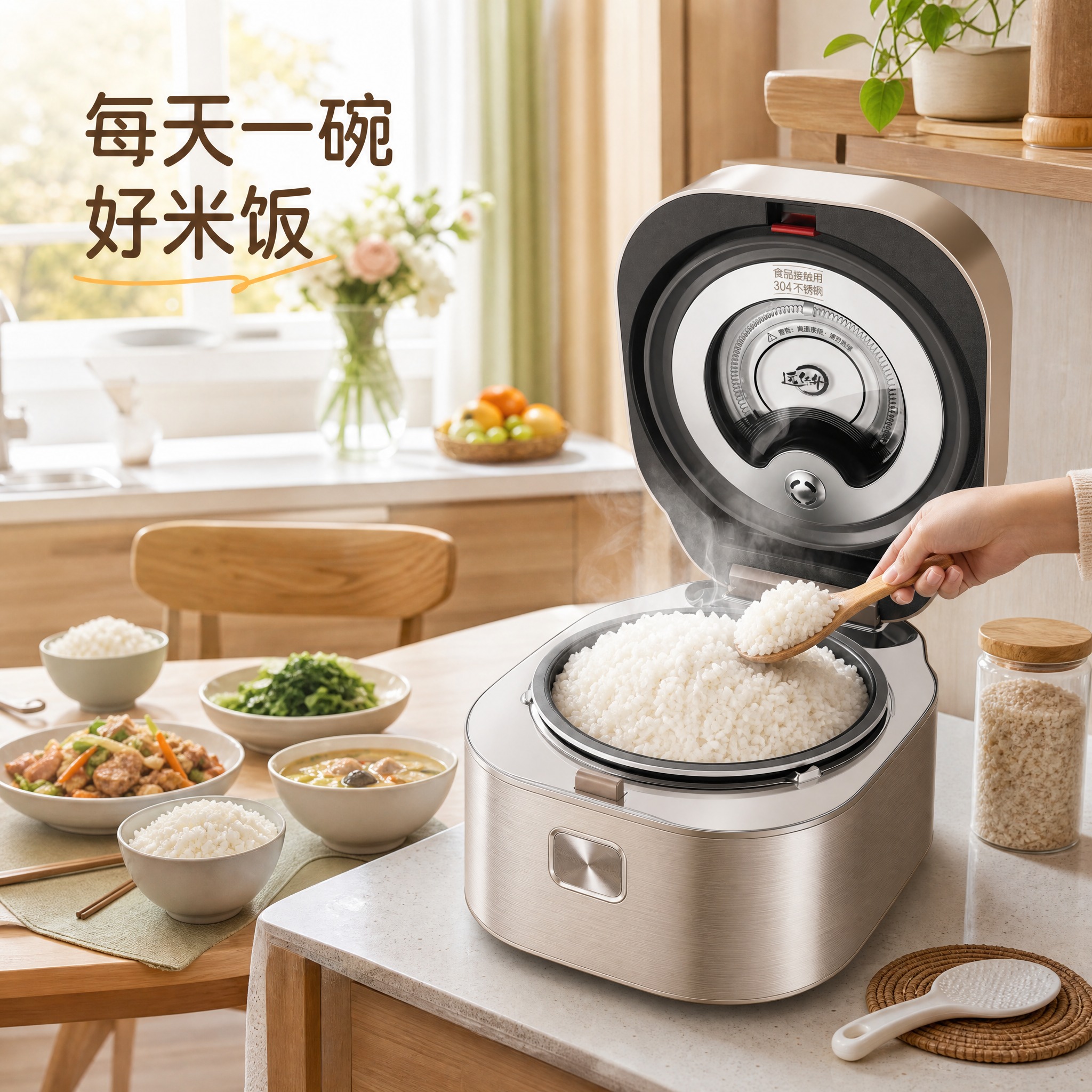 [主图-4] 真实使用场景，温馨厨房场景中的电饭煲使用体验。… - 图片创意预览
