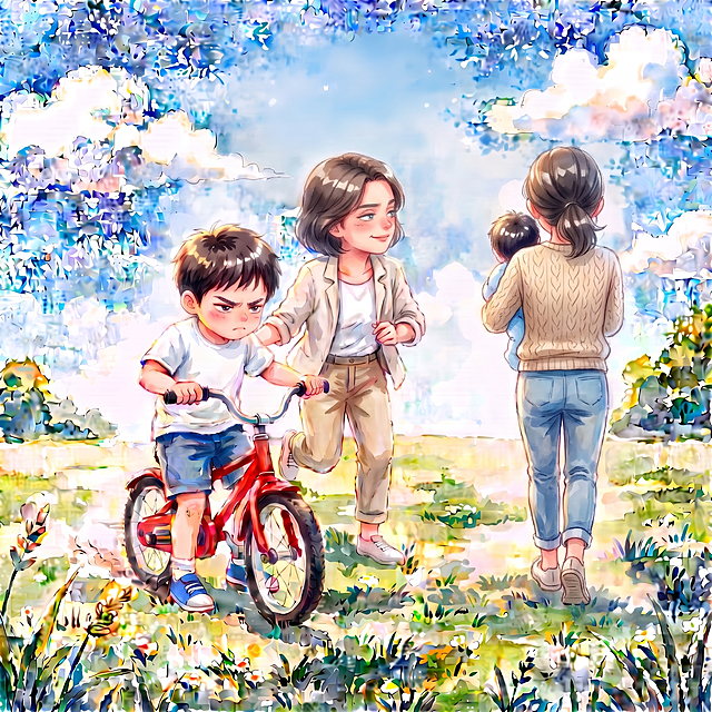 重点修改：让骑车男孩的妈妈的眼睛看向离去的小仙君母子的背影，而不是看向身边的男孩，保持其他修改不变：去掉小仙君翅膀，男孩妈妈嘴角微翘带着带点不满的嘲笑，小仙君妈妈抱小仙尊转身离去背影带怒气，骑车男孩有些气愤，保持2K分辨率，水彩绘本公园背景不变