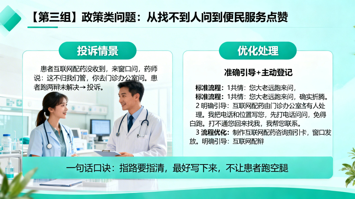 医疗机构药剂科窗口服务培训PPT案例页，标题：【第三组】政策类问题：从找不到人问到便民服务点赞，左侧是投诉案例：标题：投诉情景，正文：患者互联网配药没收到，来窗口问，药师说：这不归我们管，你去门诊办公预览效果